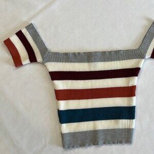 off the shoulder striped crop sweater